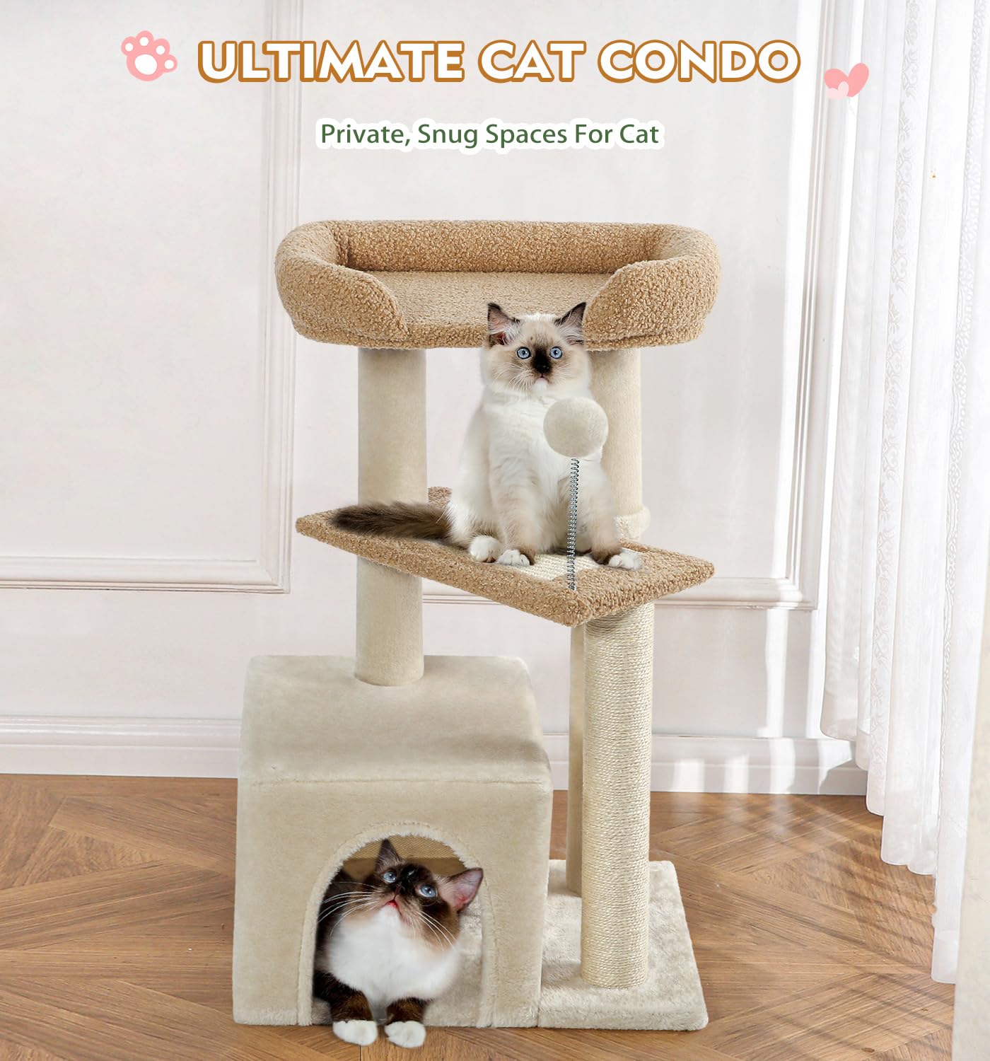 Made4Pets Cat Tree, Carpet Cat Tower Grey For Indoors Cats, Cute Wood Kitty Condo With Scratching Post And Pad, 29'' Multi-Level